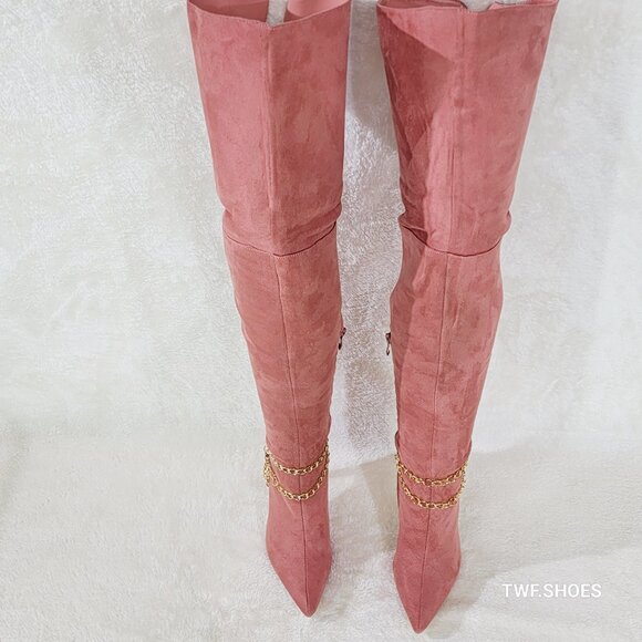 Bad Girlz Dusty Rose Blush Pink Faux Suede Wide Top Thigh High Boots Chain - Picture 6 of 14